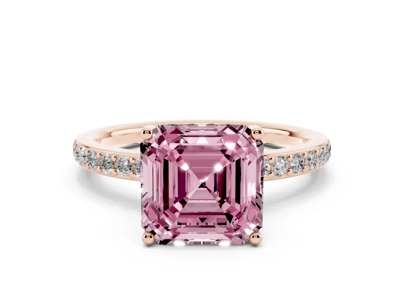 Fancy Pink Asscher Cut Diamond Pavé Band Ring Set in Rose gold with Prong-Set Center Stone