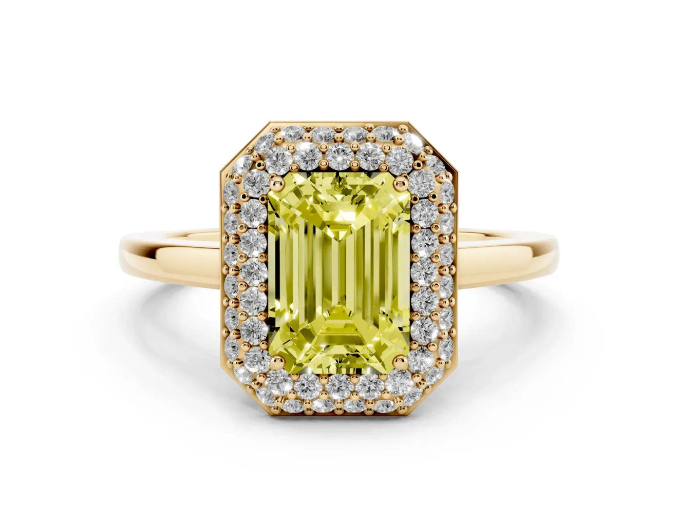 Emerald Cut Pave Halo Engagement Ring Setting for a Fancy Yellow Lab-Grown Diamond | Slim Plain Band | Yellow Gold