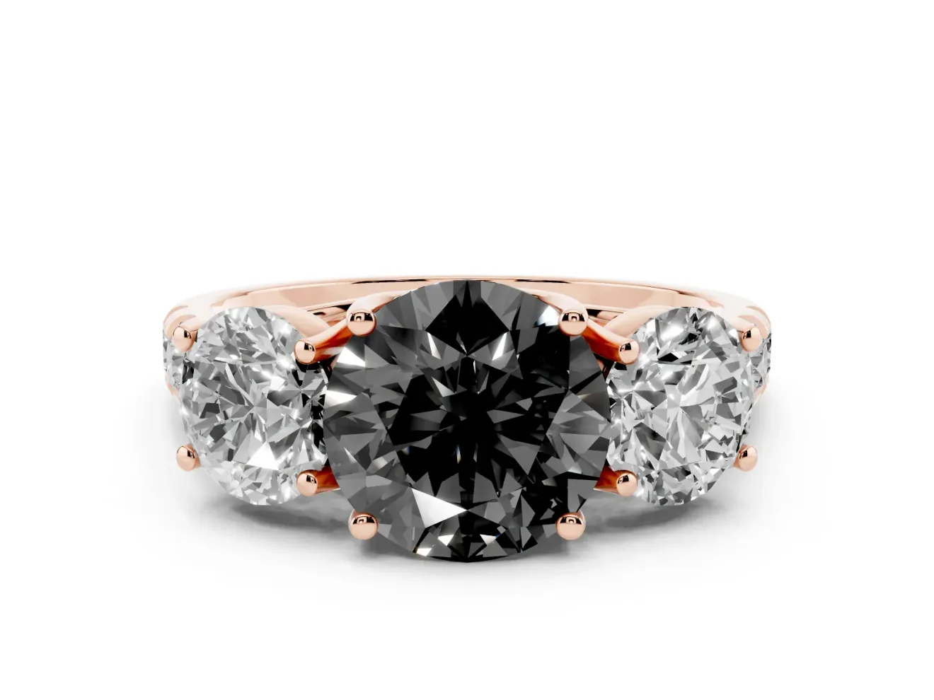 Round Three Stone Engagement Ring Setting for a Black Center | Accented Shoulders | Rose Gold