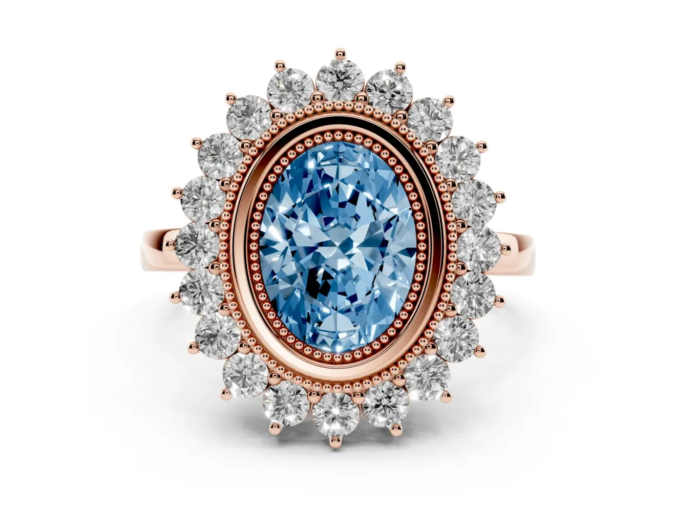 Fancy Blue Oval Cut Diamond Halo Ring Set in Rose gold with Milgrain Edge and Round Prong Setting