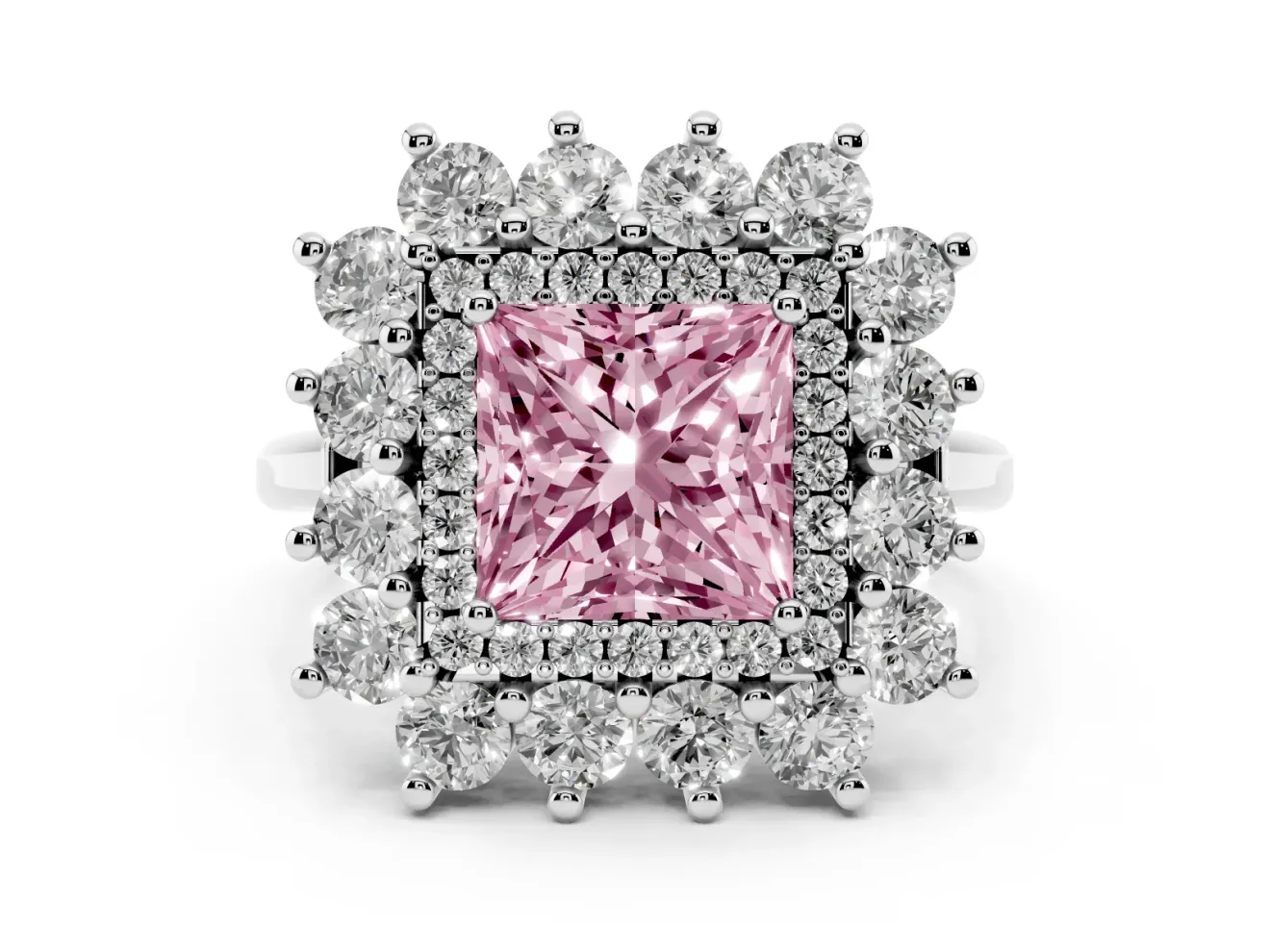 Princess Cut Floral Halo Engagement Ring Setting for a Fancy Pink Lab-Grown Diamond | Plain Band | Sterling Silver