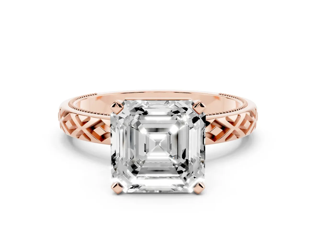 Asscher Cut Vintage Milgrain Solitaire Engagement Ring Setting | X Pattern Band | Rose Gold