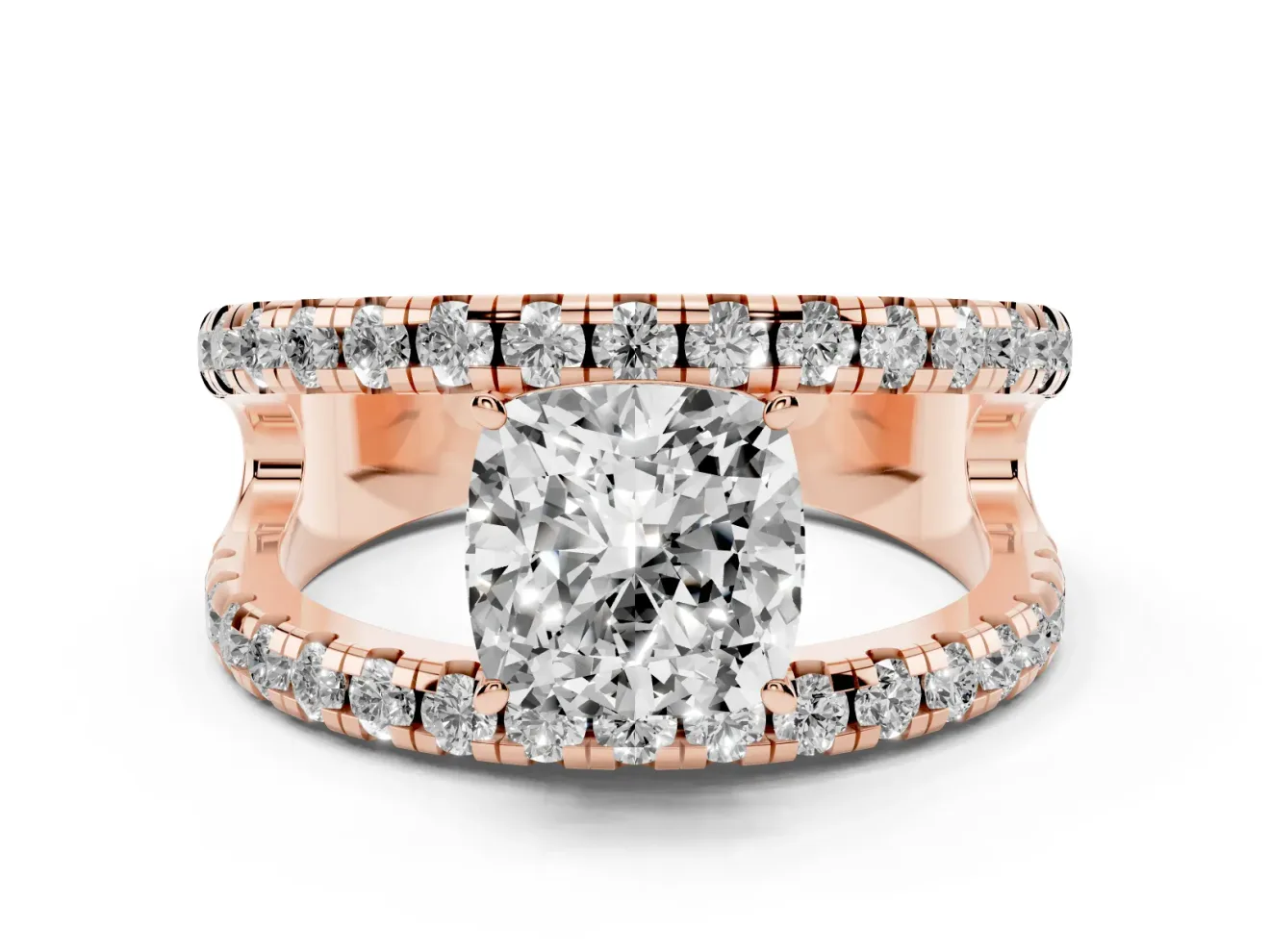 Cushion Cut Wide Open Split Shank Engagement Ring Setting | Pavé Strands | Rose Gold