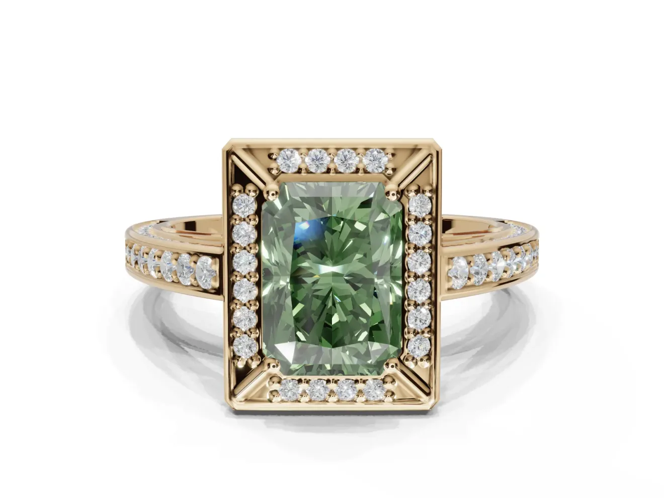 Radiant Cut Sectioned Halo Engagement Ring Setting for a Fancy Green Lab-Grown Diamond | Yellow Gold
