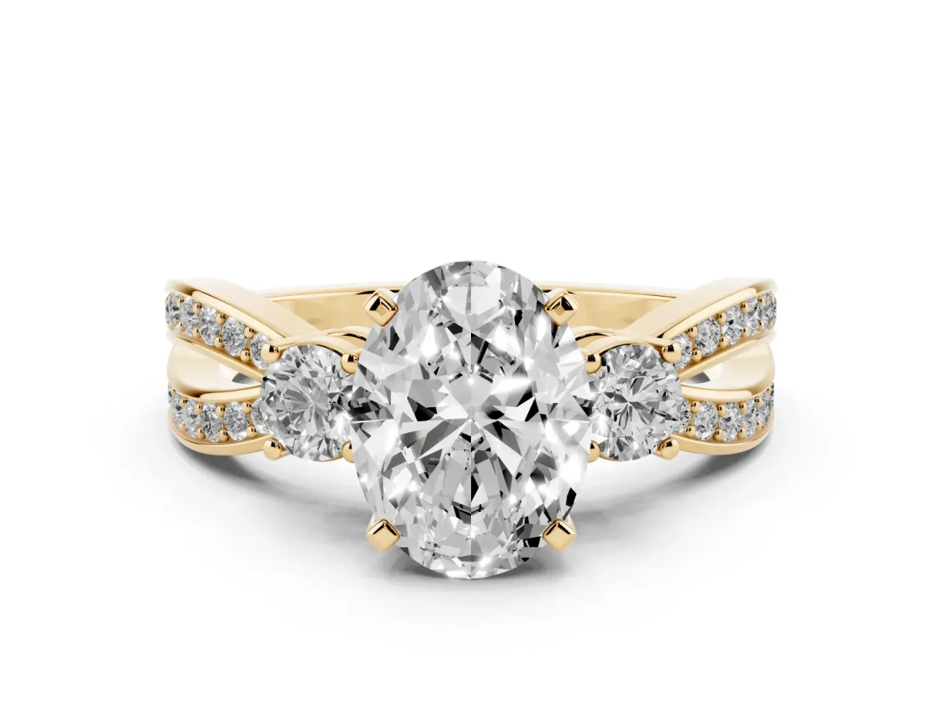 Oval Three-Stone Pavé Twist Engagement Ring Setting | Split Shank | Yellow Gold