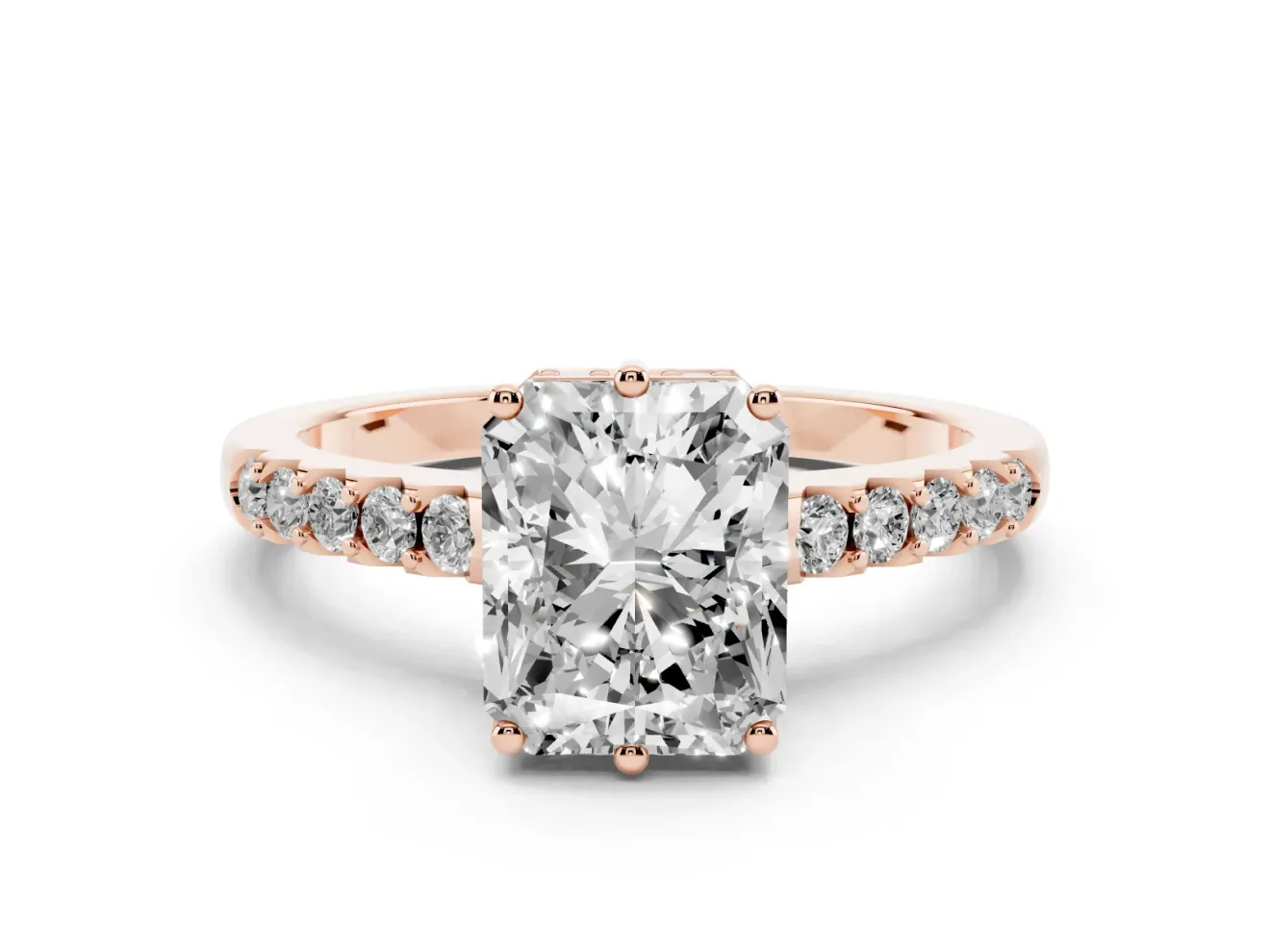 Radiant Cut Hidden Halo Solitaire Engagement Ring Setting | Shared Prong Band | Rose Gold