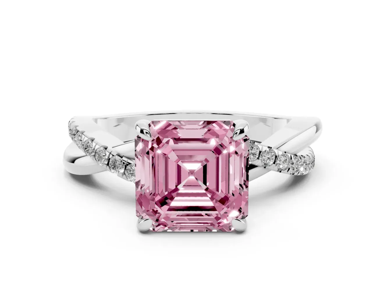 Fancy Pink Asscher Cut Diamond Twist Band Solitaire Set in Silver with Pavé Accents and Prong Setting