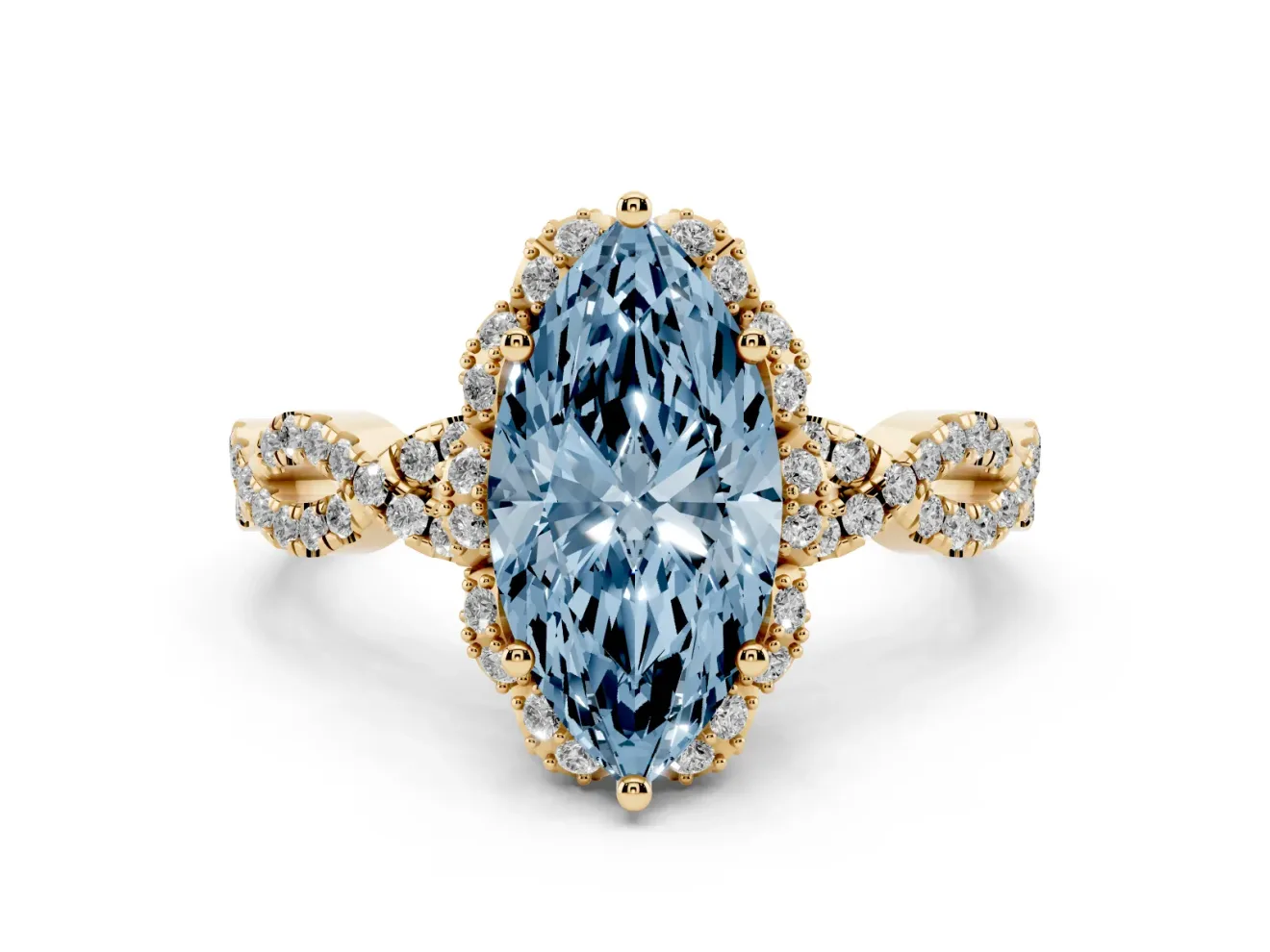 Marquise Milgrain Halo Engagement Ring Setting for a Fancy Blue Lab-Grown Diamond | Graduated Shoulders | Yellow Gold