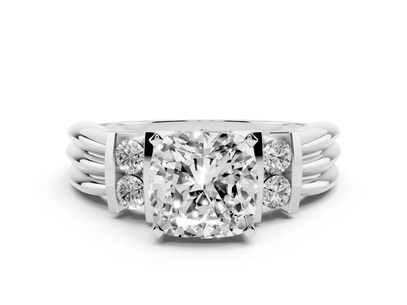 Three-Stone Cushion Cut Diamond Channel Set Ring Set in Silver with Bar Prongs