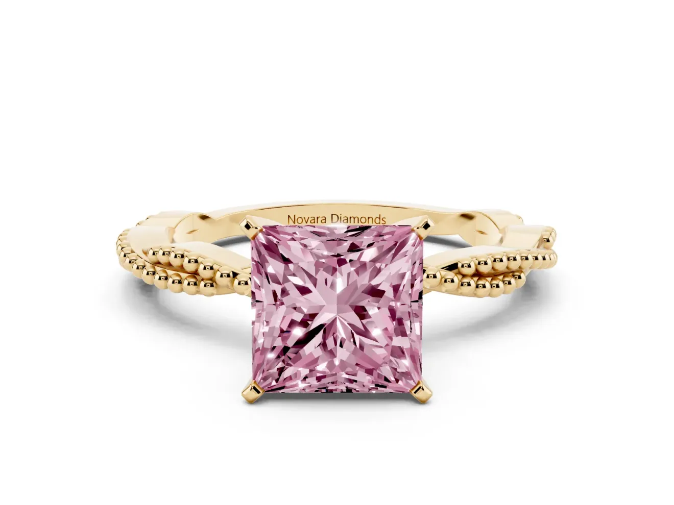 Fancy Pink Princess Cut Diamond Solitaire Ring Set in Yellow gold with Twisted Band and Bead Prong Setting