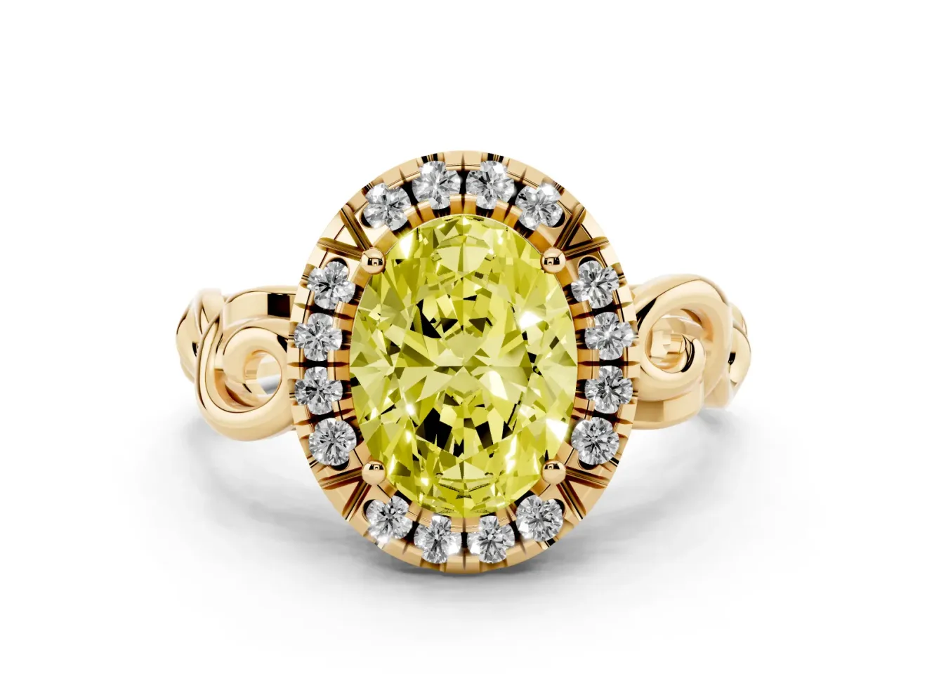 Fancy Yellow Oval Cut Diamond Halo Ring Set in Yellow gold with Scrollwork Band and Prong Setting