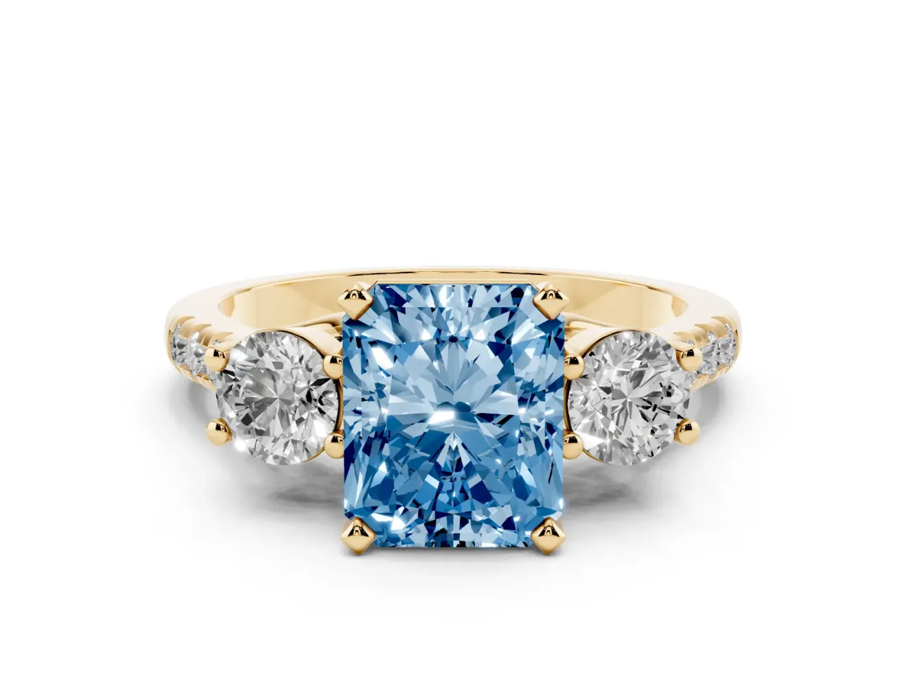 Radiant Cut Three-Stone Engagement Ring Setting for a Fancy Blue Lab-Grown Diamond | Yellow Gold