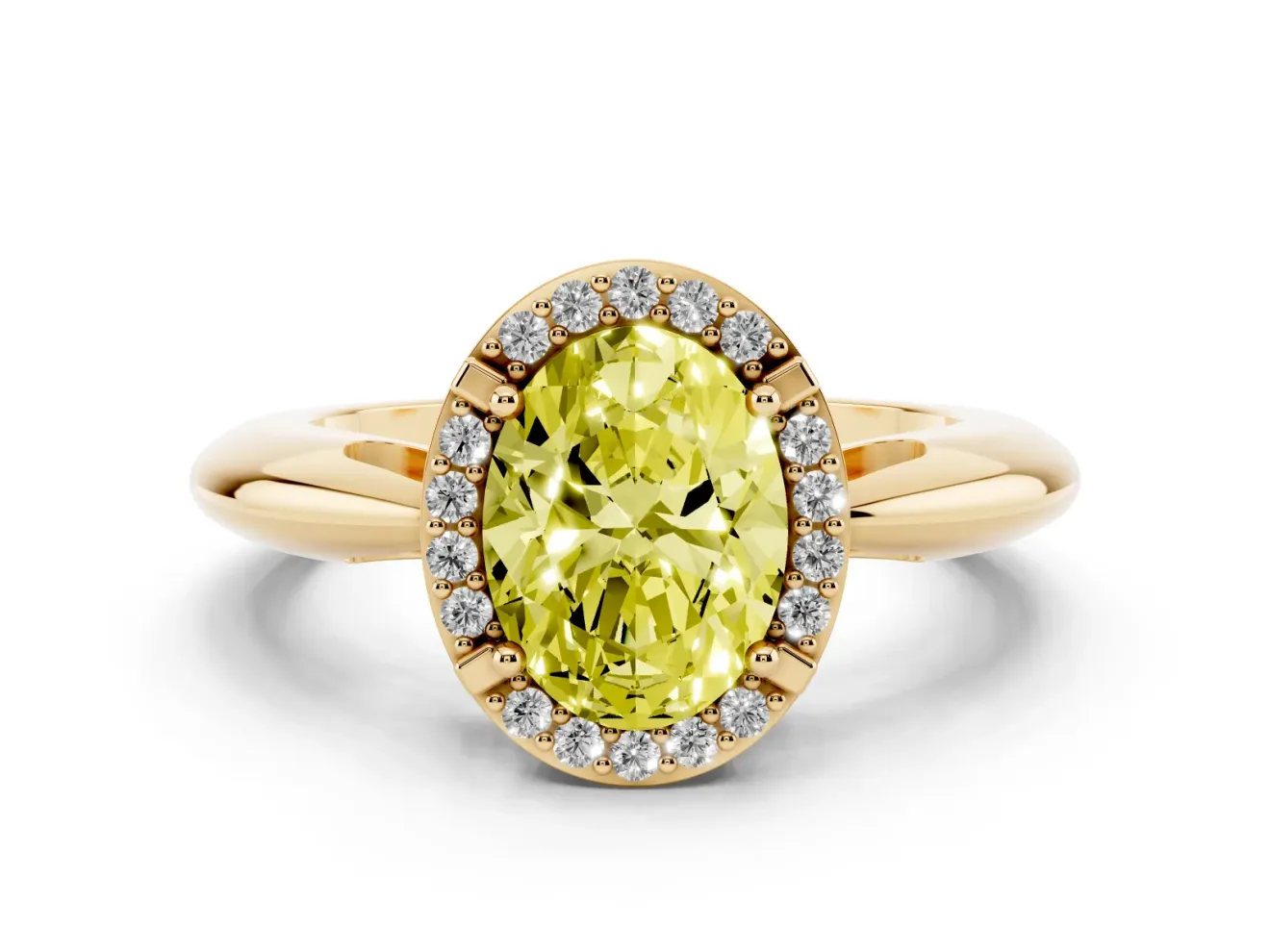 Fancy Yellow Oval Cut Diamond Halo Engagement Ring Set in Yellow gold with Plain Split Shank and Prong Setting