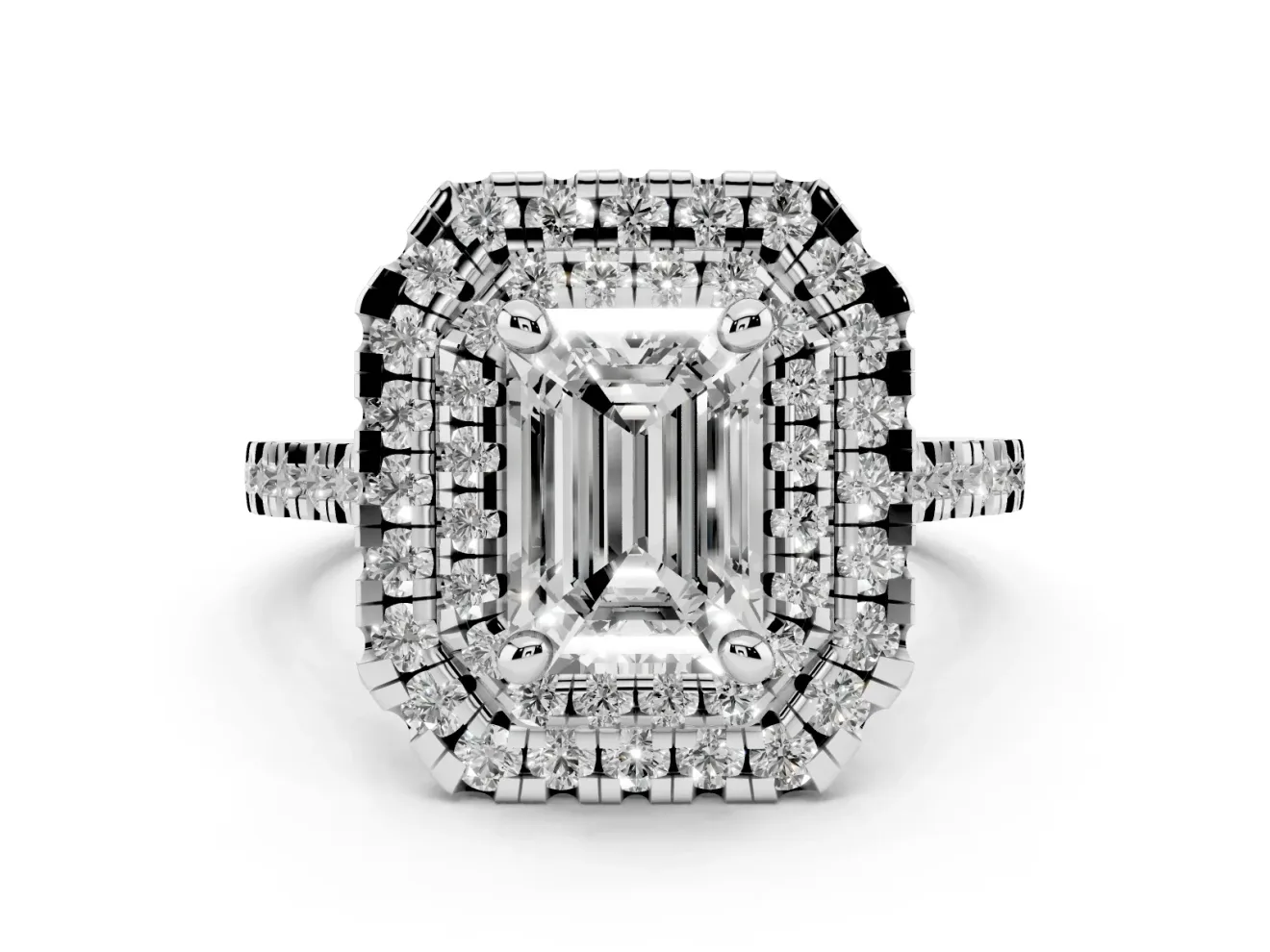 Emerald Cut Diamond Double Halo Statement Ring Set in Silver with Pavé Band