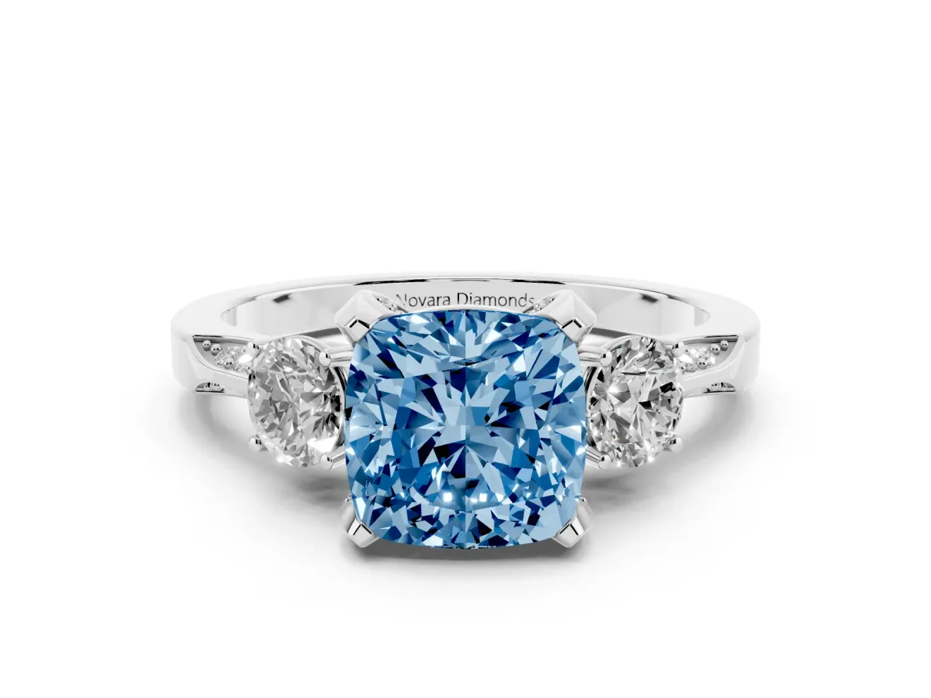 Cushion Cut Hidden Halo Three Stone Engagement Ring Setting for a Fancy Blue Lab-Grown Diamond | Sterling Silver