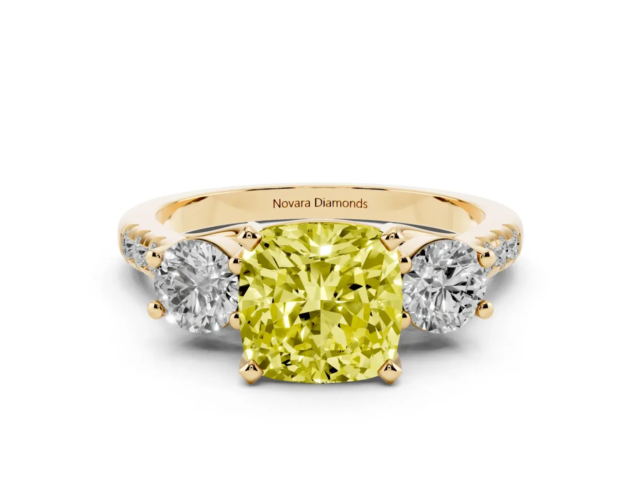 Fancy Yellow Three-Stone Cushion Cut Diamond Pavé Band Ring Set in Yellow gold with Prong-Set Trio