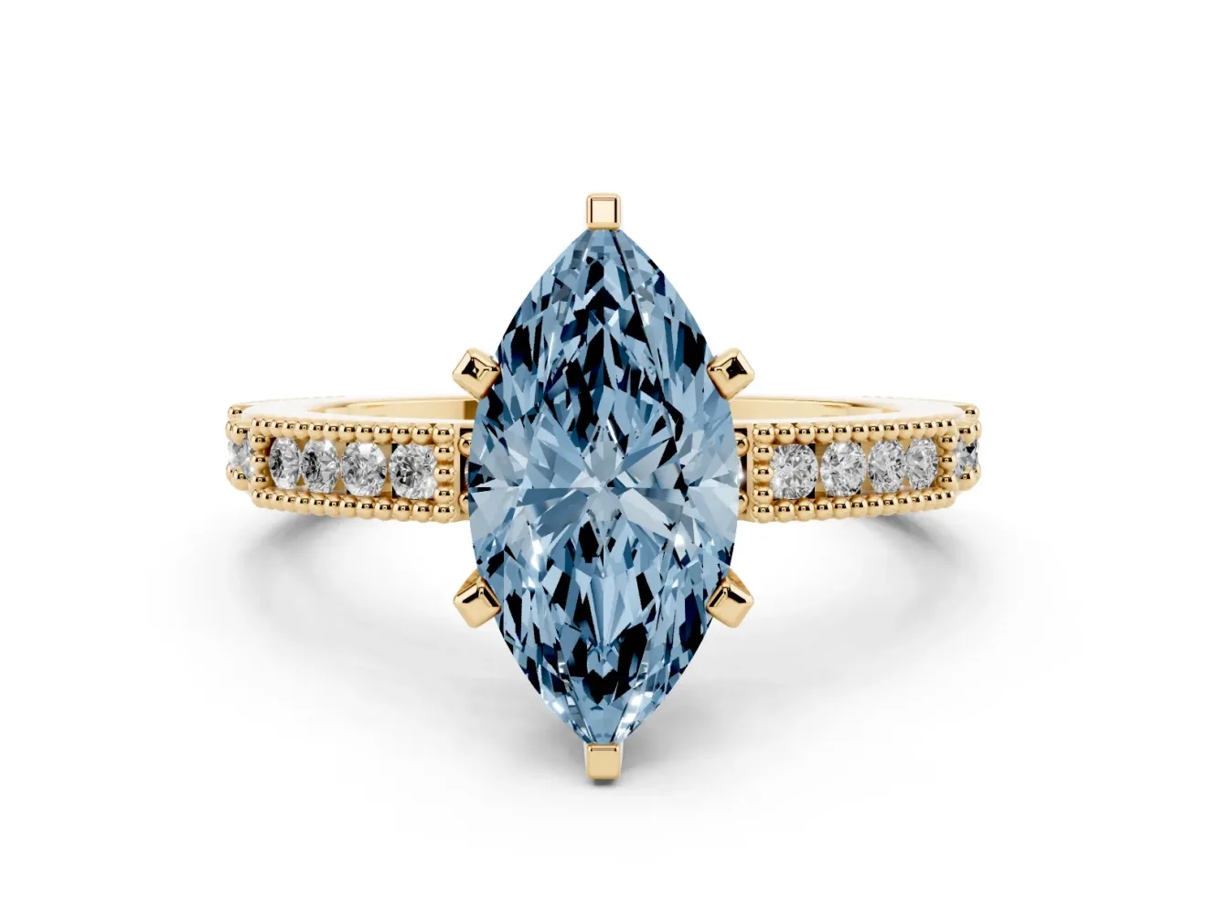 Fancy Blue Marquise Cut Diamond Solitaire Ring Set in Yellow gold with Slim Pavé Band and Prong Setting