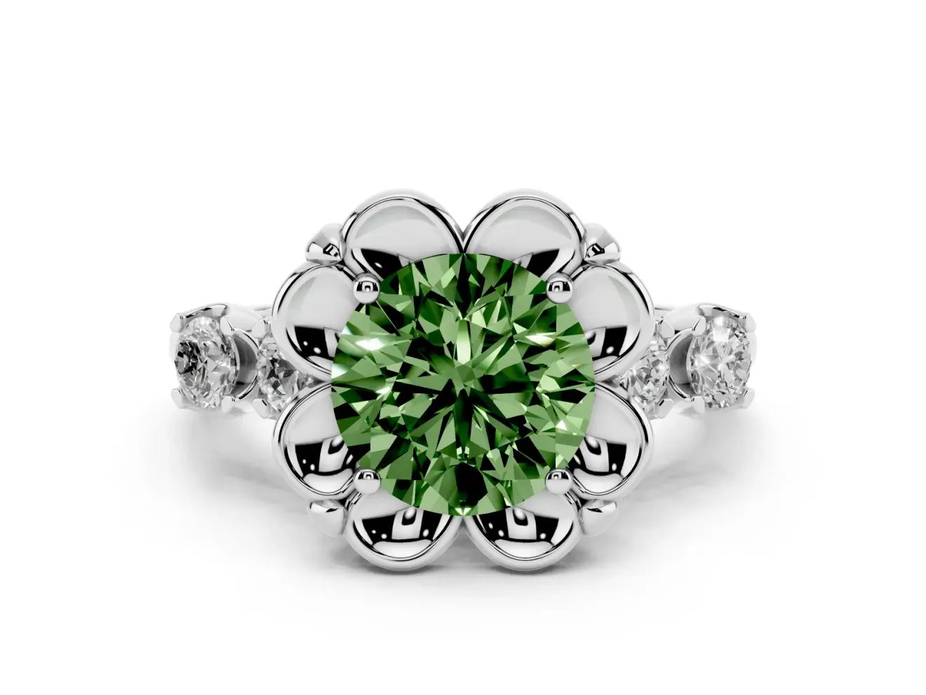Round Floral Engagement Ring Setting for a Fancy Green Lab-Grown Diamond | Petal Frame | White Gold