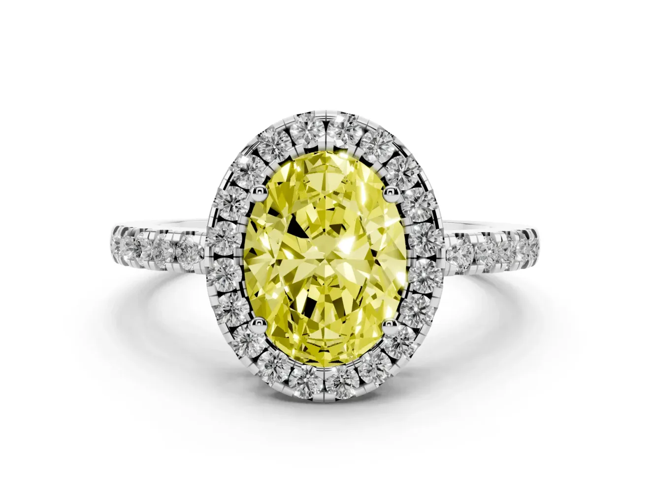 Fancy Yellow Oval Cut Diamond Pavé Band Halo Engagement Ring Set in White gold with Prong Setting