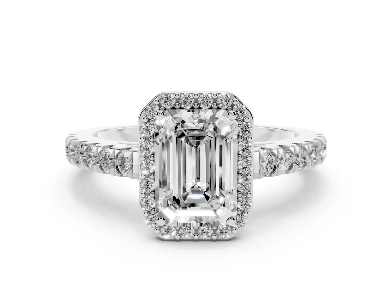 Emerald Cut Diamond Halo Engagement Ring Set in Silver with Pavé Band and Prong Setting