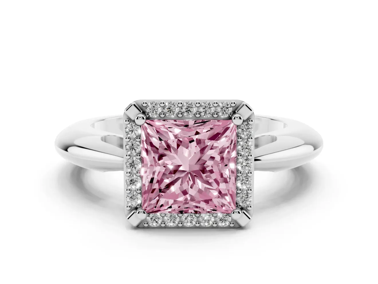 Fancy Pink Princess Cut Diamond Halo Engagement Ring Set in White gold with Plain Split Shank and Prong Setting