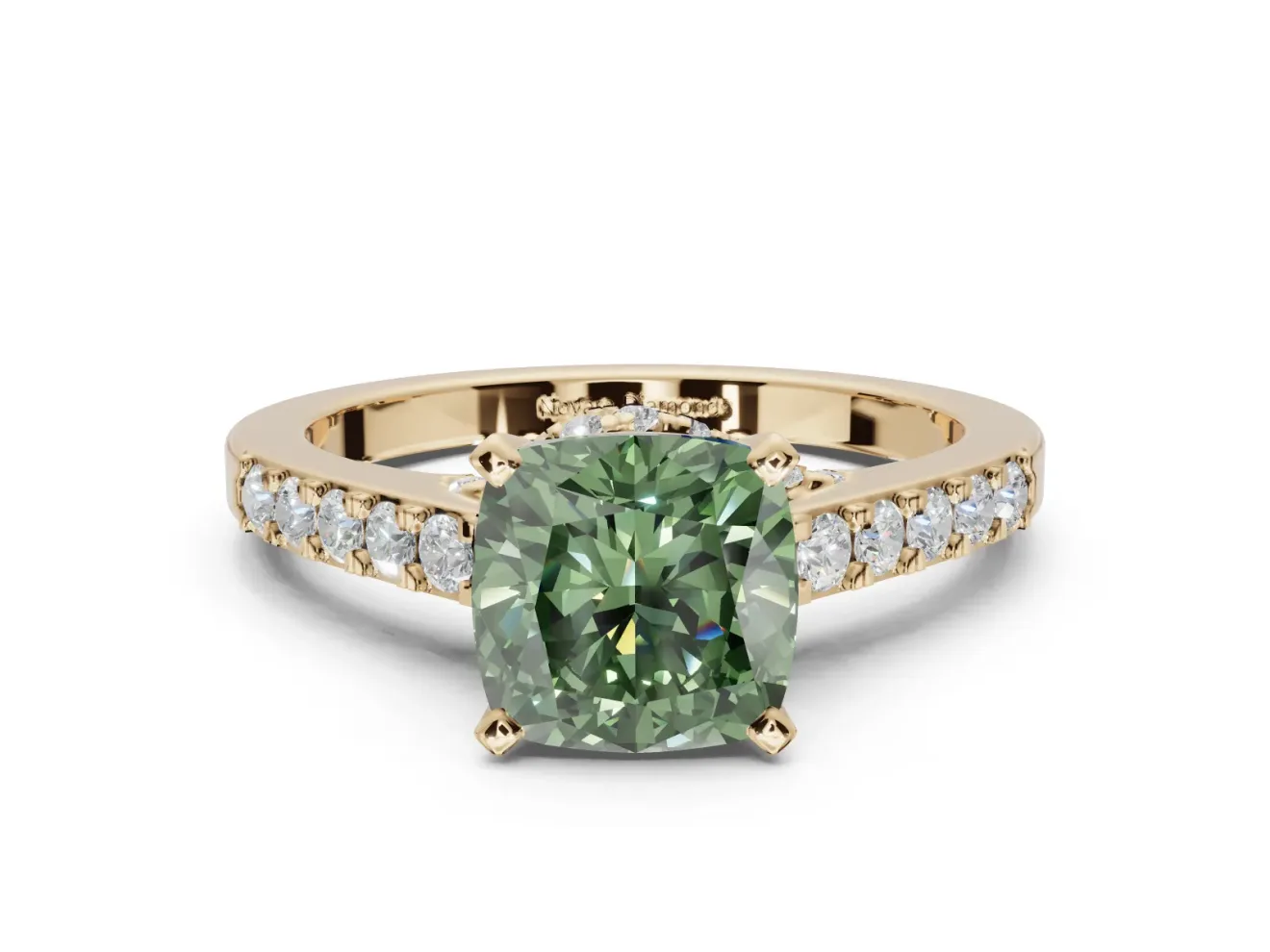 Cushion Cut Pavé Solitaire Engagement Ring Setting for a Fancy Green Lab-Grown Diamond | Crossover Gallery | Yellow Gold