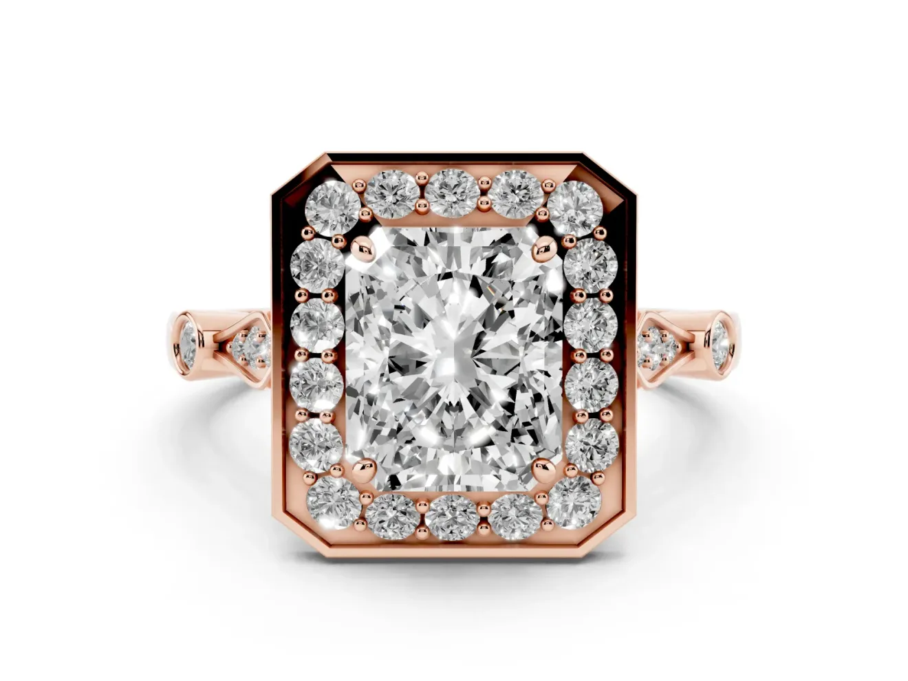 Radiant Cut Vintage Halo Engagement Ring Setting | Bezel Station Shoulders | Rose Gold