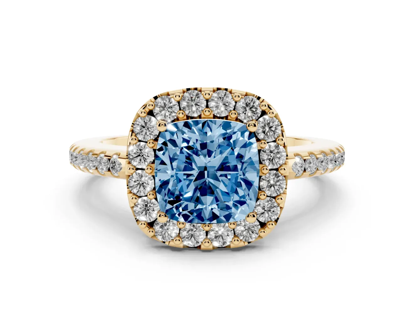 Cushion Cut Pave Halo Engagement Ring Setting for a Fancy Blue Lab-Grown Diamond | Pave Band | Yellow Gold
