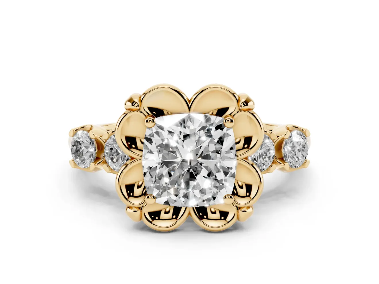 Cushion Cut Floral Engagement Ring Setting | Petal Frame and Side Stones | Yellow Gold