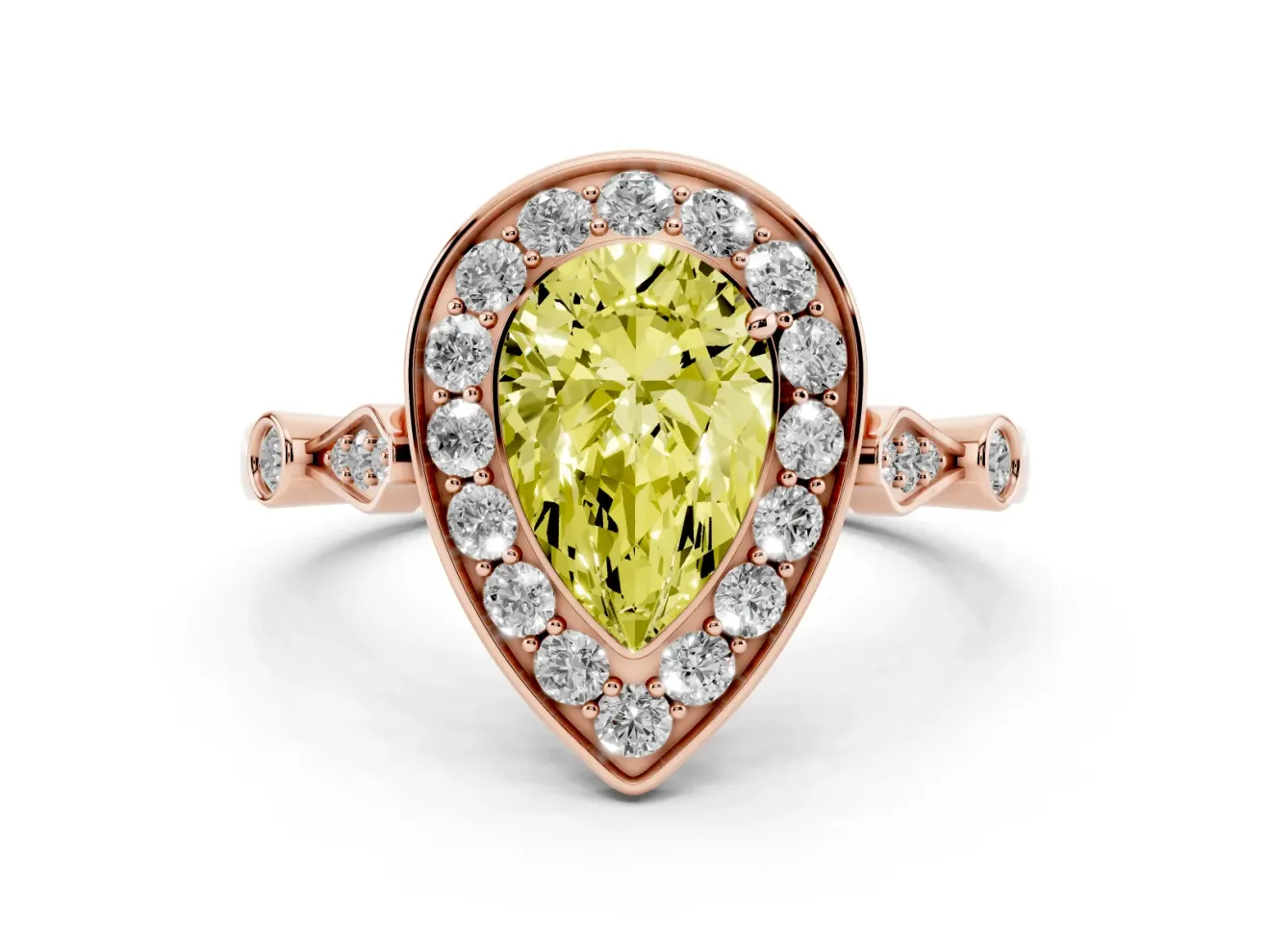 Fancy Yellow Pear Cut Diamond Halo Engagement Ring Set in Rose gold with Twisted Band and Prong Setting
