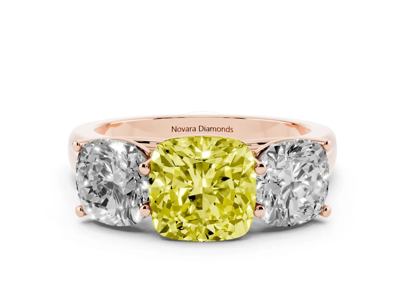 Cushion Cut Three Stone Engagement Ring Setting for a Fancy Yellow Lab-Grown Diamond | Basket Prong Heads | Rose Gold