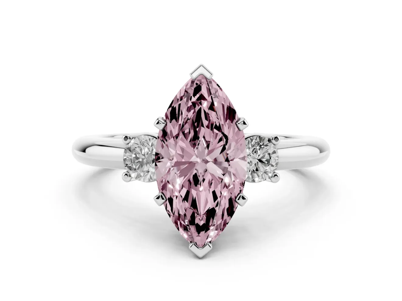 Fancy Pink Three-Stone Marquise Cut Diamond Ring Set in White gold with Prong Setting and Plain Band