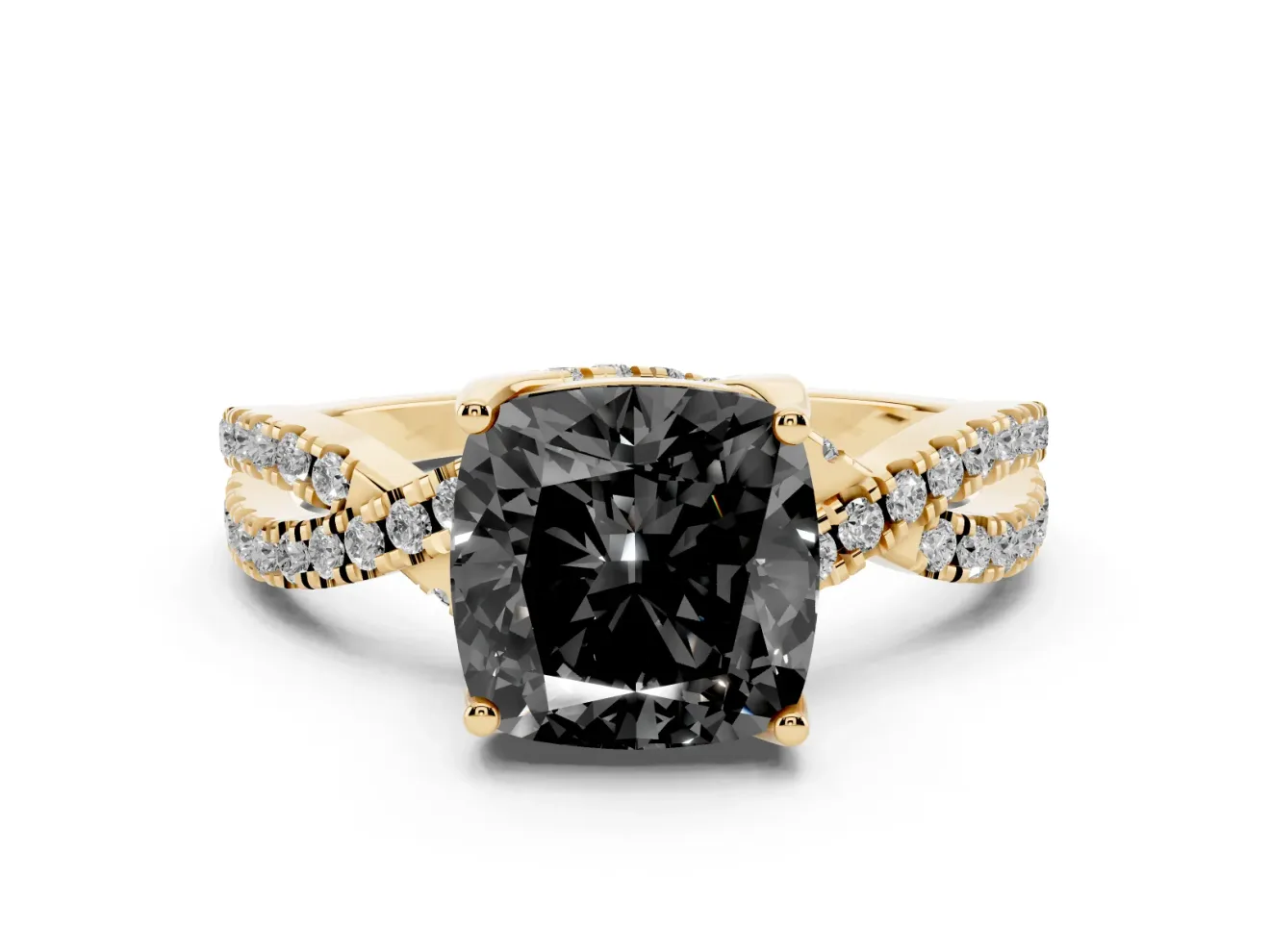 Cushion Cut Twisted Pavé Engagement Ring Setting for a Black Center | Split Shank | Yellow Gold