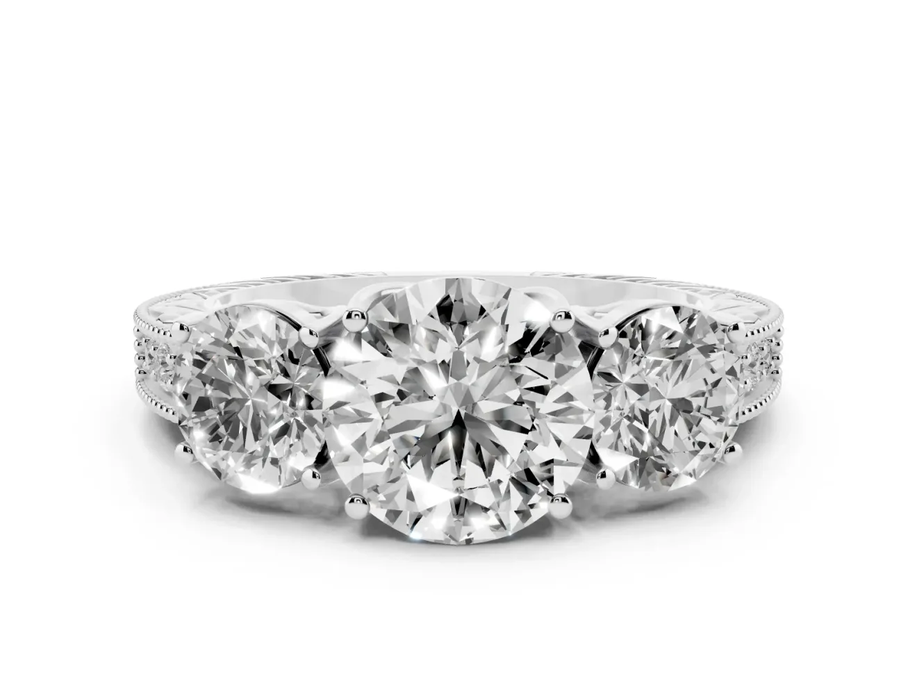 Round Vintage Three Stone Engagement Ring Setting | Milgrain Pavé Band | White Gold
