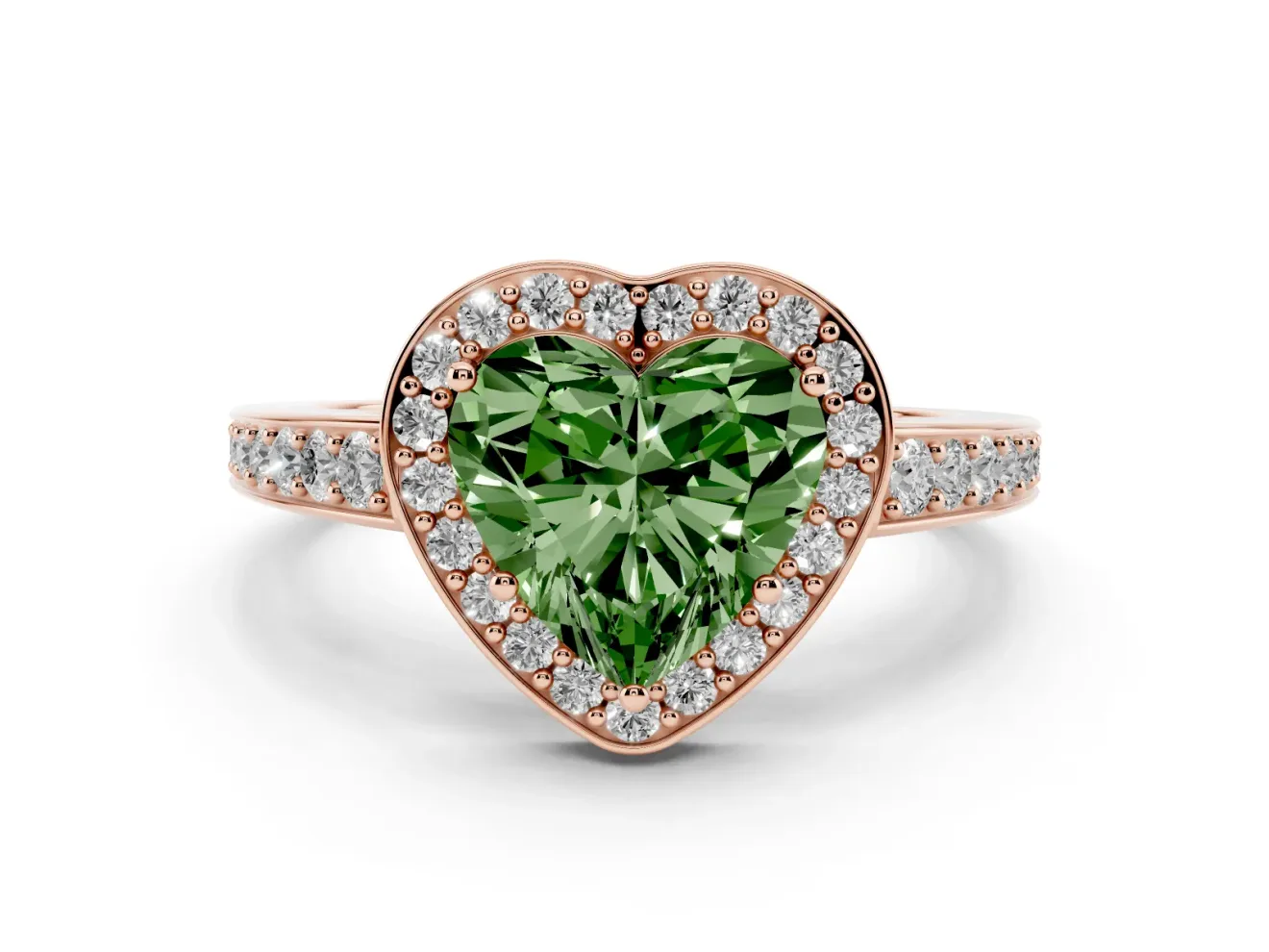 Fancy Green Heart Cut Diamond Halo Pavé Engagement Ring Set in Rose gold with Bezel Setting