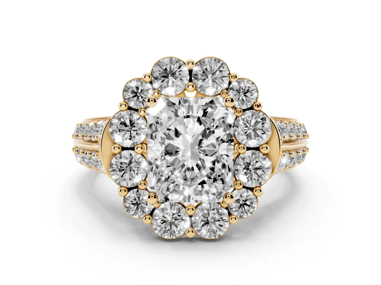 Radiant Cut Diamond Halo Engagement Ring Set in Yellow gold with Split Shank and Prong Setting