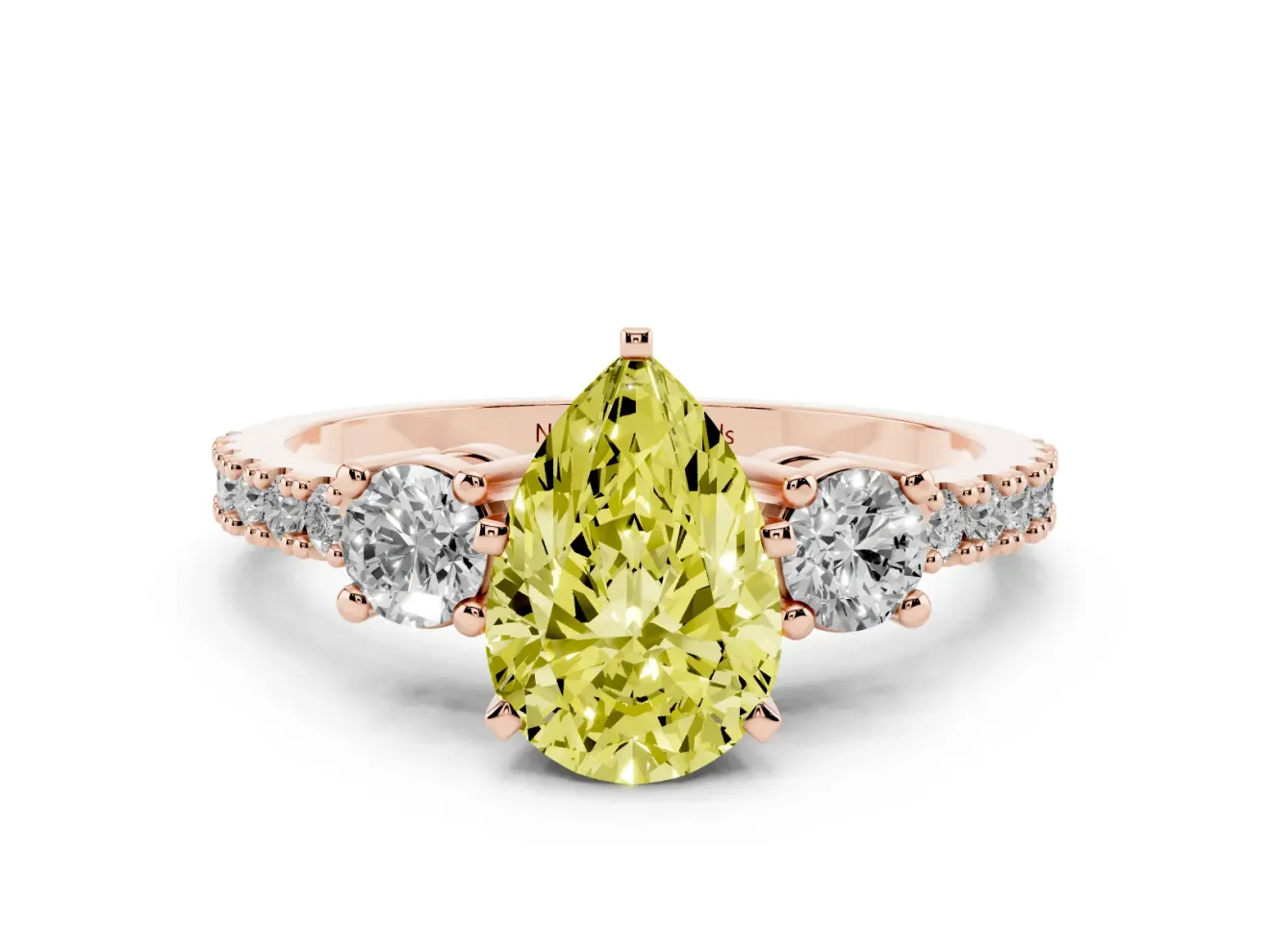 Pear-Shaped Three Stone Engagement Ring Setting for a Fancy Yellow Lab-Grown Diamond | Pavé Band | Rose Gold