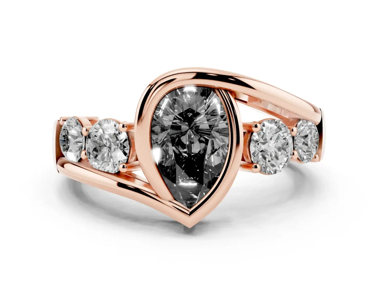 Fancy Black Pear Cut Diamond Bezel Bypass Ring Set in Rose gold with Round Accents