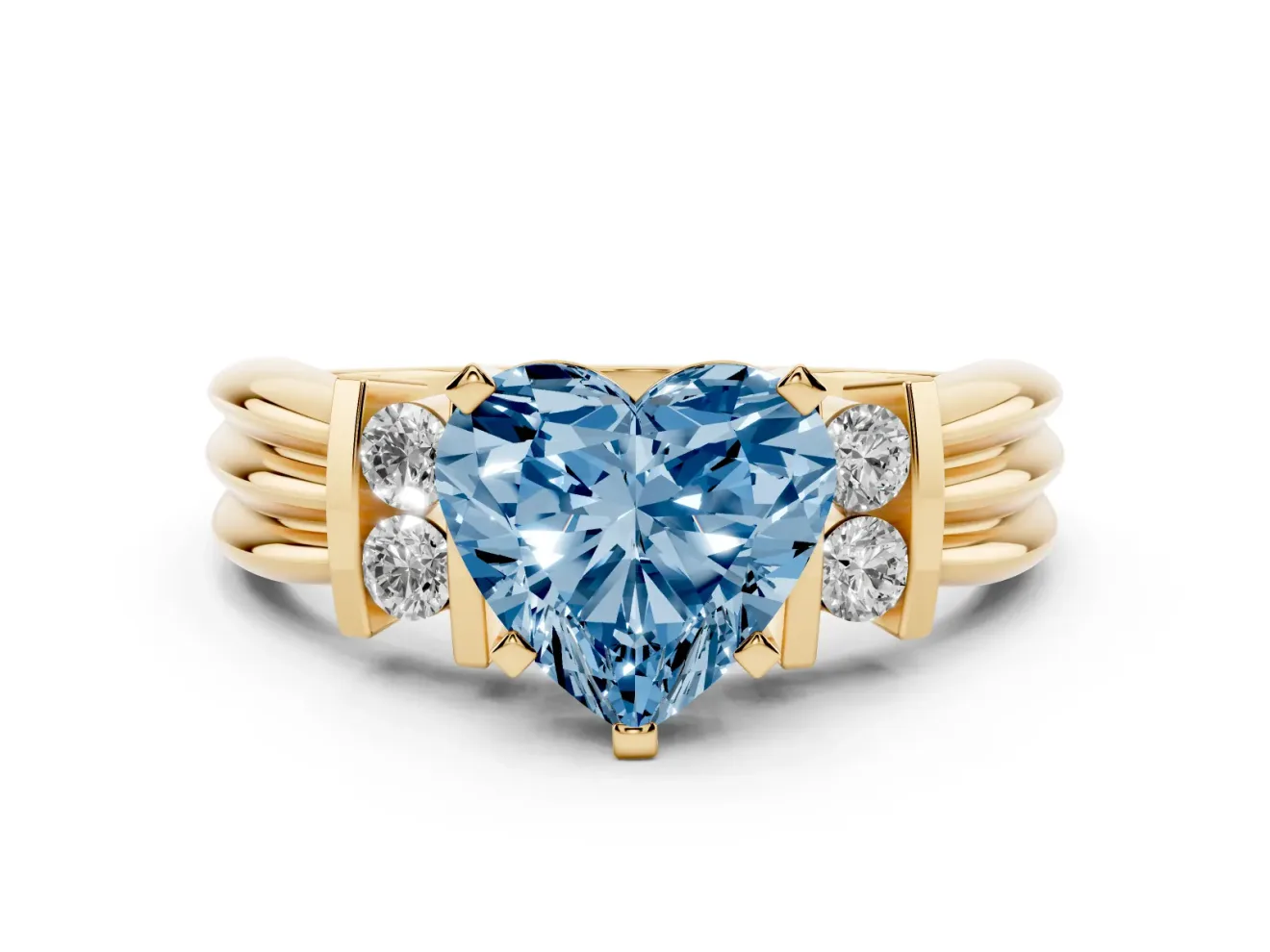 Fancy Blue Three-Stone Heart Cut Diamond Channel Set Ring Set in Yellow gold with Bar Prongs