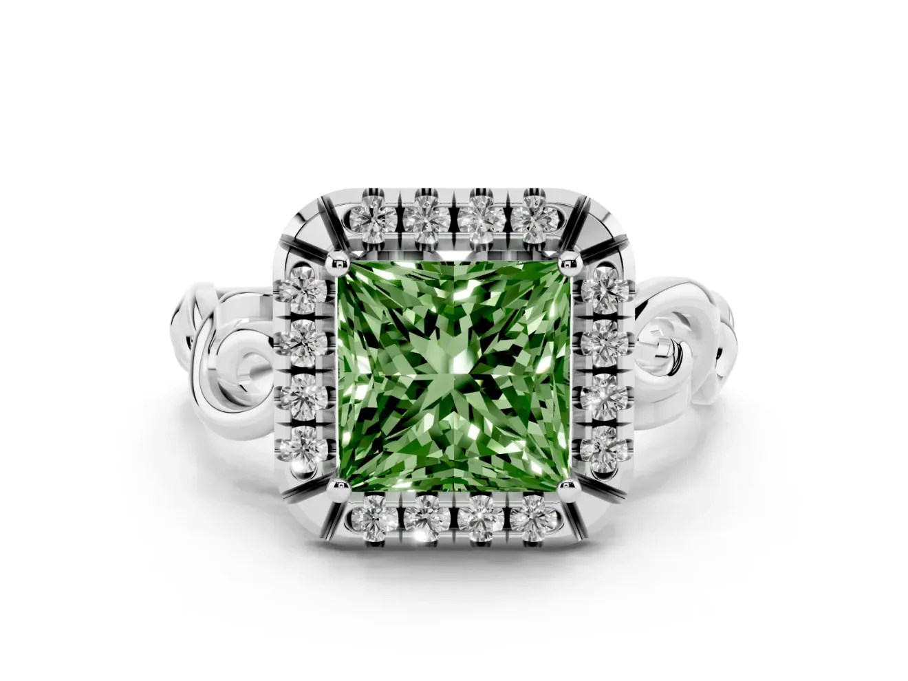 Fancy Green Princess Cut Diamond Halo Ring Set in White gold with Scrollwork Band and Prong Setting