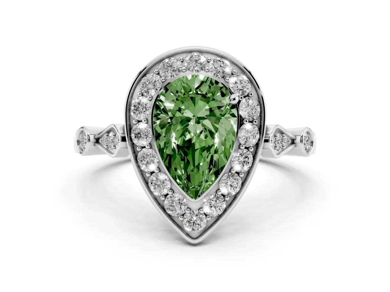 Fancy Green Pear Cut Diamond Halo Engagement Ring Set in White gold with Twisted Band and Prong Setting