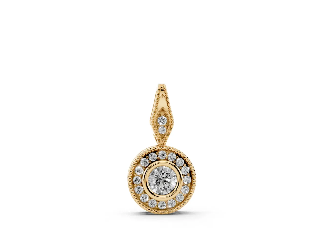 Round Lab-Grown Diamond Vintage Halo Pendant Necklace | Bezel and Milgrain | Yellow Gold