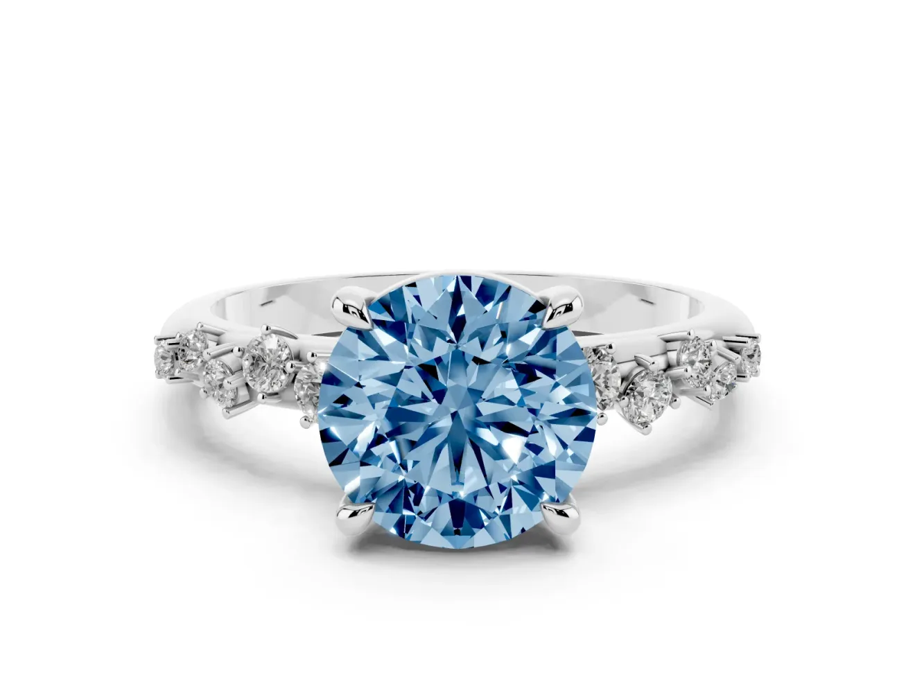 Fancy Blue Round Cut Diamond Solitaire Vine Band Ring Set in White gold with Round Accents and Prong Setting
