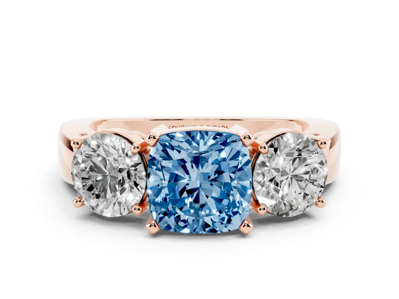 Cushion Cut Three Stone Engagement Ring Setting for a Fancy Blue Lab-Grown Diamond | Wide Plain Band | Rose Gold