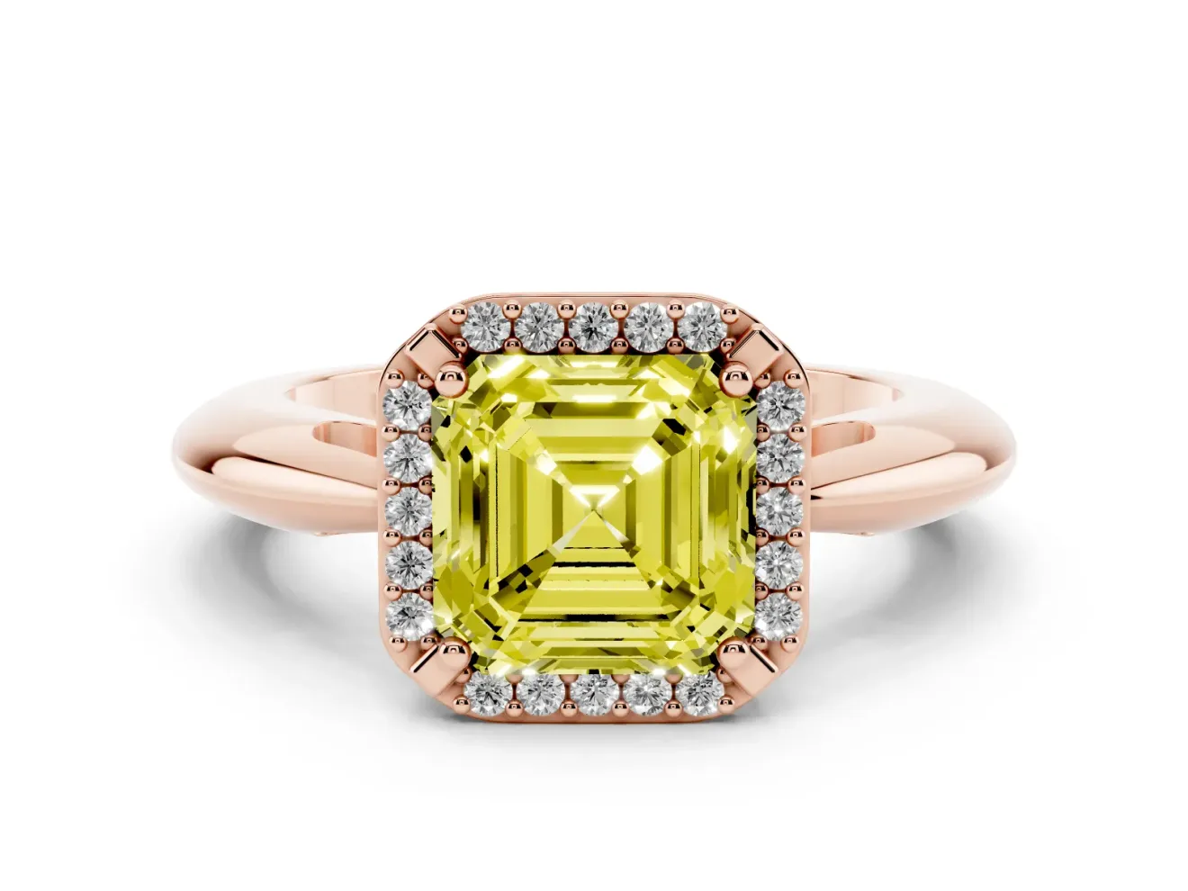 Fancy Yellow Asscher Cut Diamond Halo Engagement Ring Set in Rose gold with Plain Split Shank and Prong Setting