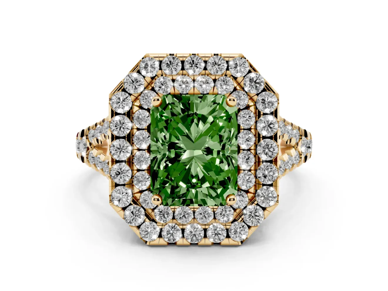 Radiant Cut Halo Split Shank Engagement Ring Setting for a Fancy Green Lab-Grown Diamond | Yellow Gold
