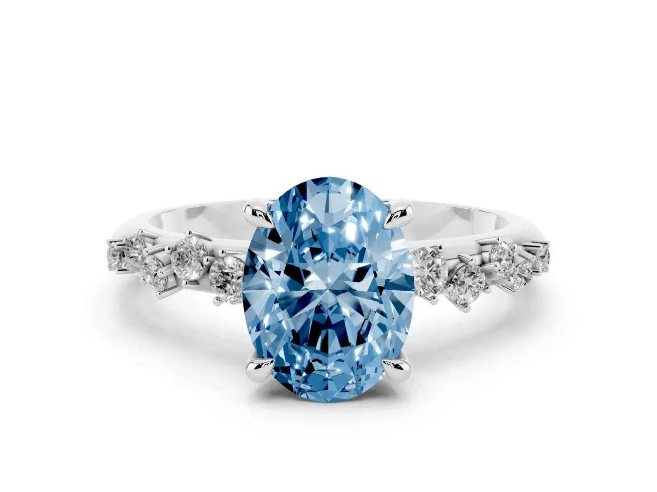 Fancy Blue Oval Cut Diamond Solitaire Vine Band Ring Set in White gold with Round Accents and Prong Setting