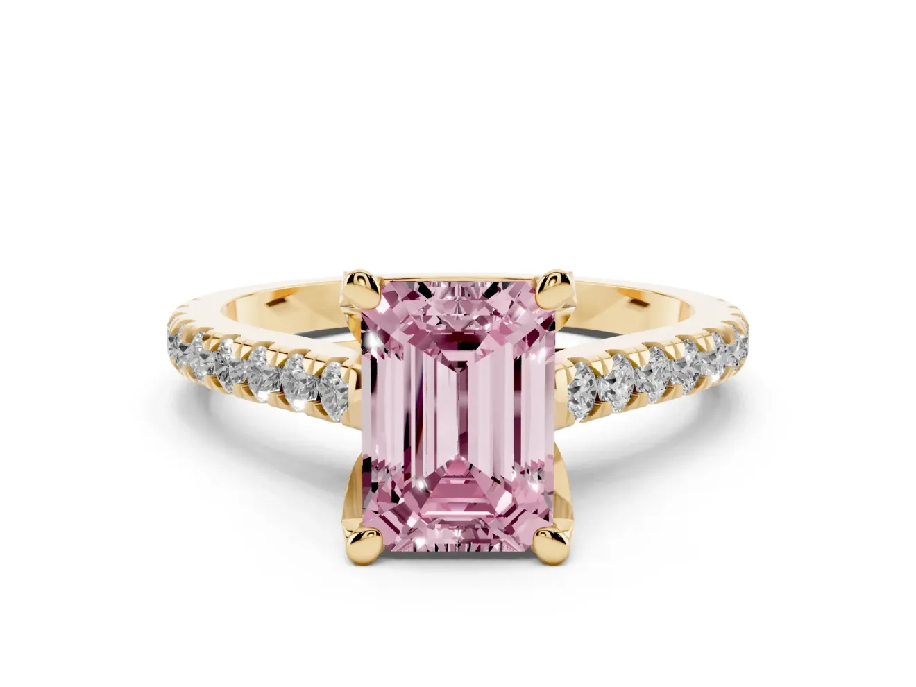 Emerald Cut Hidden Halo Pave Engagement Ring Setting for a Fancy Pink Lab-Grown Diamond | Claw Prongs | Yellow Gold