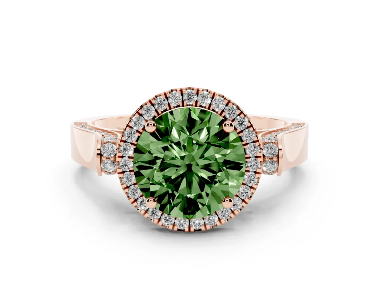 Round Pavé Halo Engagement Ring Setting for a Fancy Green Lab-Grown Diamond | Rose Gold