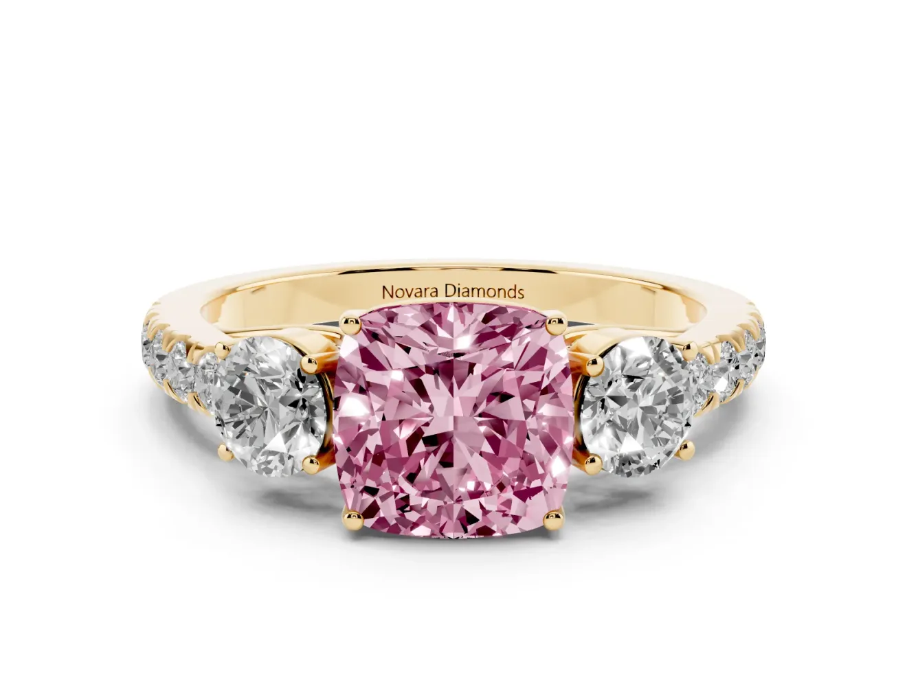 Cushion Cut Engagement Ring Setting for a Fancy Pink Lab-Grown Diamond | Three Stone | Yellow Gold